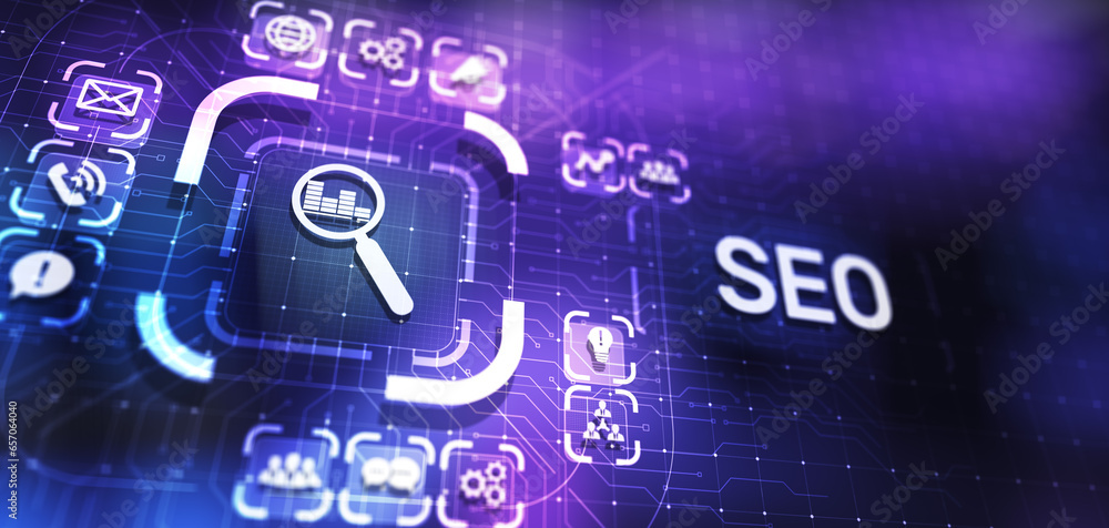 Obraz premium SEO - Search engine optimisation, Digital Internet marketing concept on virtual screen.