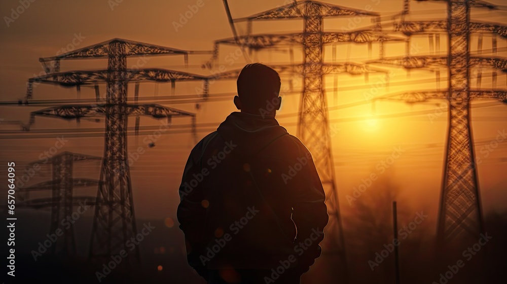 Engineer stands and looks at a large group of high-voltage electric poles.