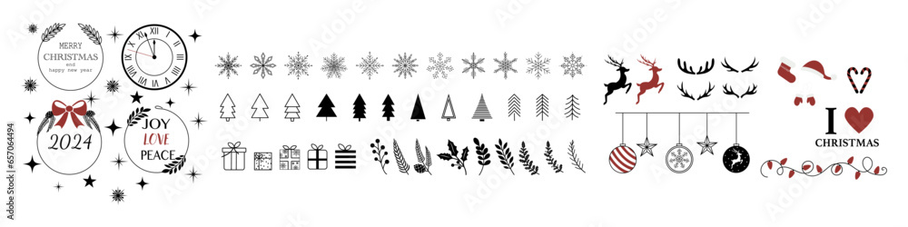 Obraz premium Christmas set with traditional Christmas symbols and decorative elements. Christmas design elements. Vector holiday