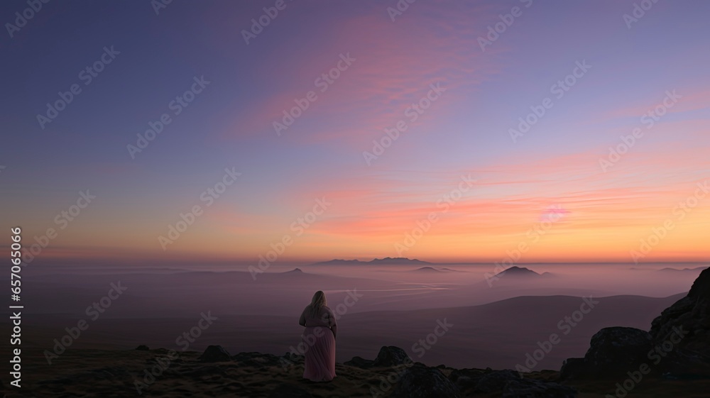 Woman in the mountain, above the clouds looking at a sunrise.in a white dress.