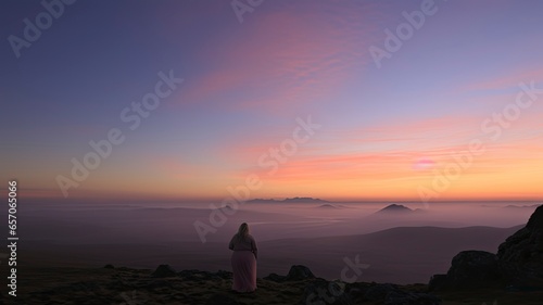 Woman in the mountain, above the clouds looking at a sunrise.in a white dress. © Eyepenguin61