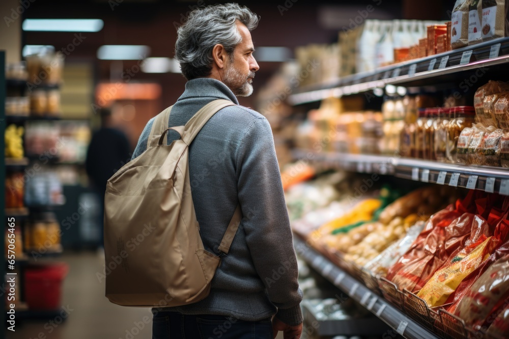 Middle-aged man examines products on supermarket shelves.