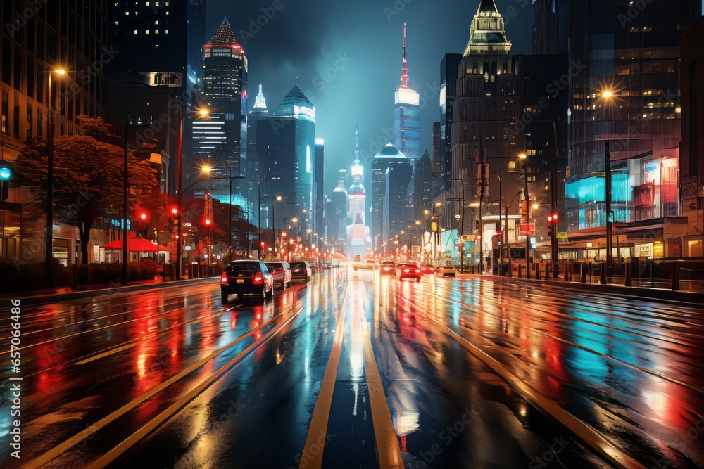 Fototapeta premium Bustling Cityscape With Streaking Car, Generative AI 