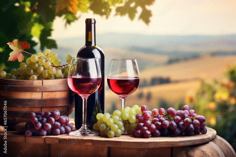 Sunset over the vineyard. Ripe red grapes. A bottle of wine with poured glasses stands on a wooden barrel. Exquisite taste wine for your romantic evening.