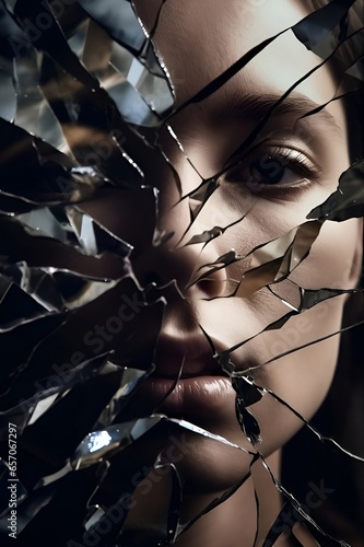 Young woman is looking into a broken mirror. Collapse of illusions. Disillusionment concept. Female portrait. Shattered glass of many sharp shards. Pain of depression. Break up. Abusive relationships.