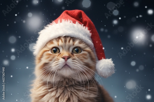 cute cat wearing santa claus hat snow background