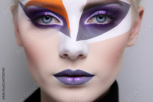 Beautiful woman with vivid makeup. Fashion model. Purple and orange color palette