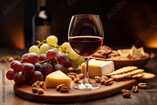 Tasting cheese dish on a plate. Food for wine and romantic date  cheese delicatessen with copy space. Red wine