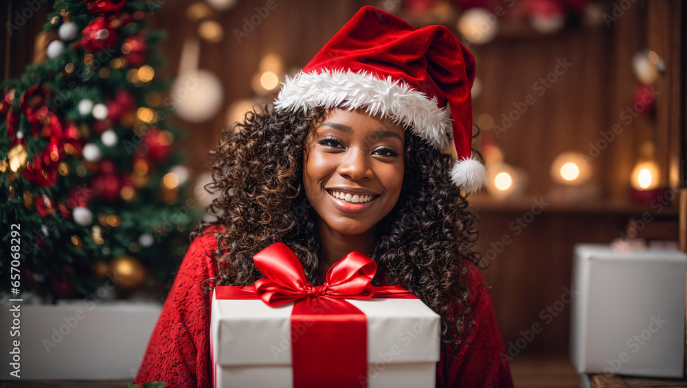 portrait of a happy beautiful African American girl in santa hat