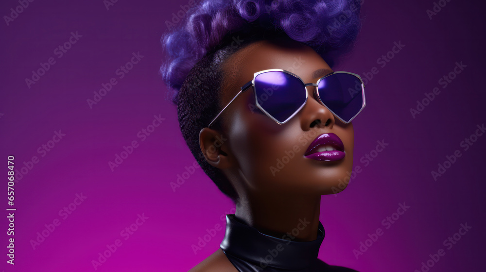 High-Fashion Elegance: Studio Portrait of a Young African American Woman Donning Sunglasses, Flaunting Beautiful Makeup, Set Against a Striking Purple Background.