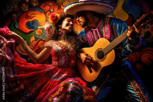 Mexican musician plays guitar and beautiful girl dancing on city fiesta. Spanish Heritage month, Hispanic and Latino Americans culture, tradition and art heritage photo