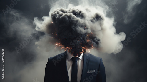 Exploring Mental Health: A Man in a Suit with His Mind in Turmoil, Head Surrounded by Dispersing Smoke, Reflecting Stress and Depression on a Gray Background.
