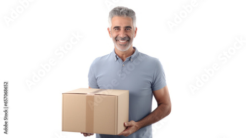 Joyful Middle-Aged Gentleman with Cardboard Box: A Cheerful Image Against a Bright White Backdrop.