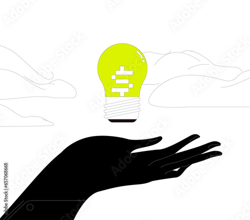 Enlighten money idea, investment and savings with high profit. Businessman hand hold brightly lit money dollar lightbulb idea. 