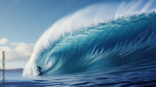 Riding the Giant Blue: A Surfer Conquers a Massive Ocean Wave, Exemplifying the Thrill of Extreme Sports and an Active Lifestyle. photo