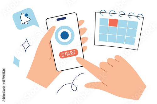 Using mobile app tracker, screen with diagram and start button, health habits tracking, notification icon, calendar, composition with hands holding smartphone, web application vector illustration