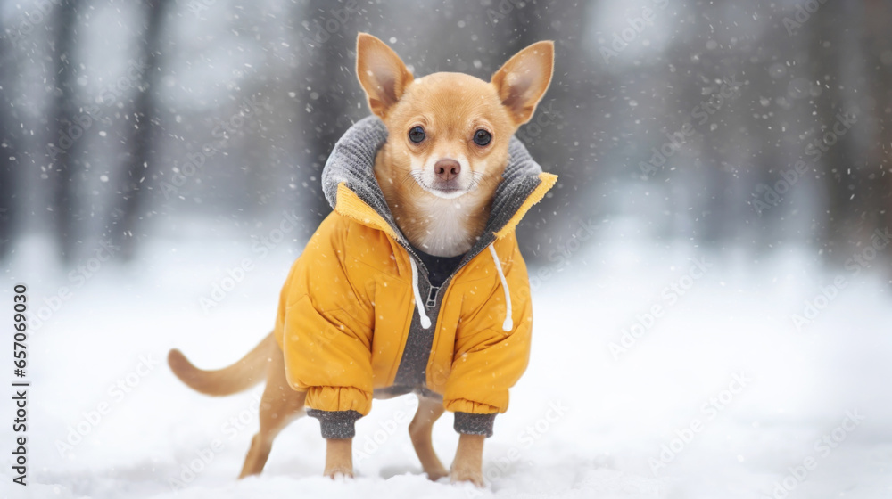 Portrait of a Chihuahua breed dog in yellow winter coat - obrazy, fototapety, plakaty 