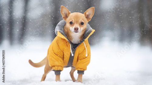 Portrait of a Chihuahua breed dog in yellow winter coat photo