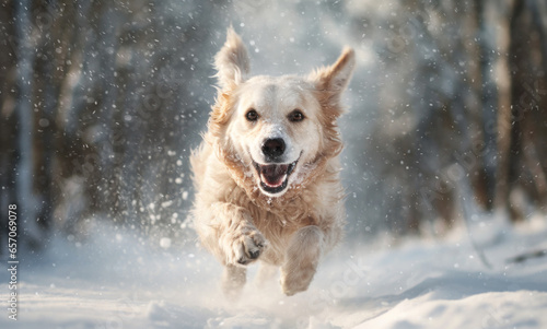 Portrait of a happy dog running in snow in winter