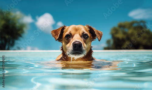 Portrait of a cute dog in swimming pool