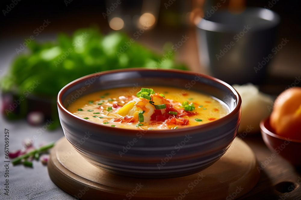 Bowl of soup on a dark background. Selective focus. Hot food concept