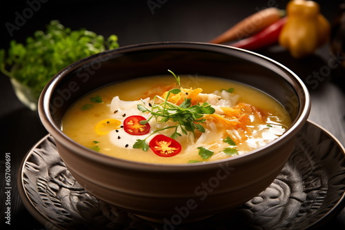 Bowl of soup on a dark background. Selective focus. Hot food concept