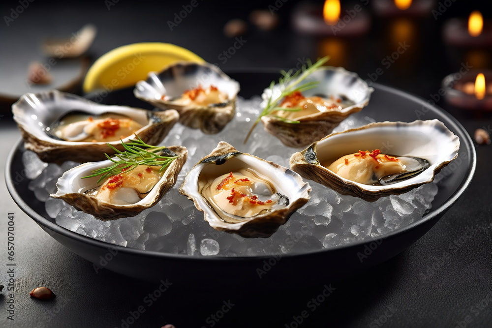 Big fresh oysters on a plate with ice Big fresh oysters on a plate with ice