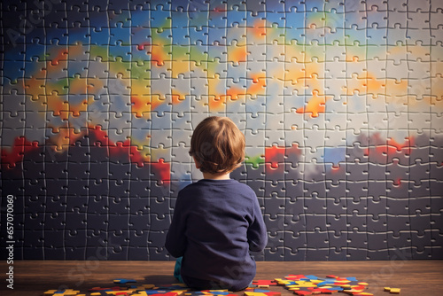 AI generated image back view of autism spectrum boy sitting against the jigsaw puzzle wall photo