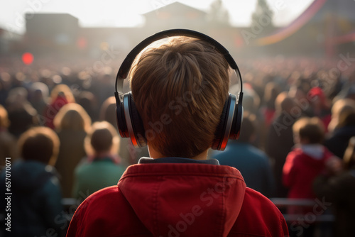 AI generated image of back view on a boy in the autism spectrum wearing noise cancelling headphones and standing out of the crowd photo