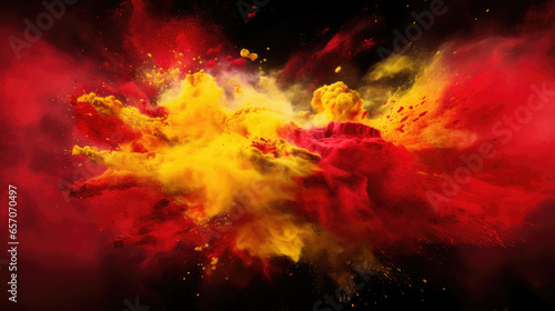 Red and yellow colored powder explosions on black background. Holi paint powder splash in colors of Spanish flag photo