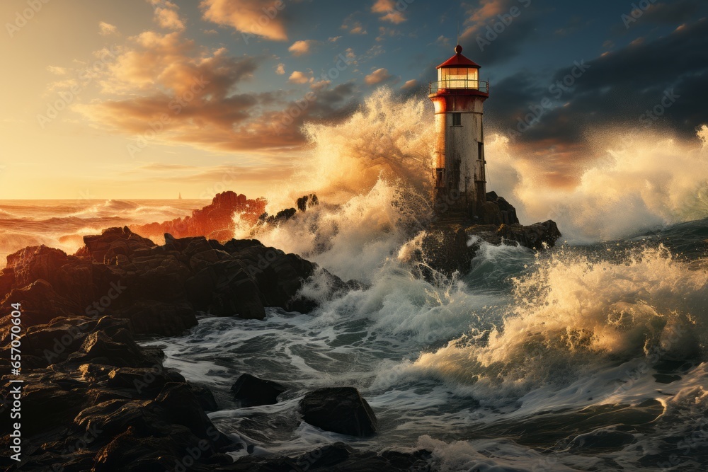  Coastal Lighthouse With Crashing Waves, Generative AI 