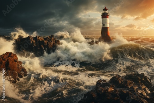  Coastal Lighthouse With Crashing Waves, Generative AI