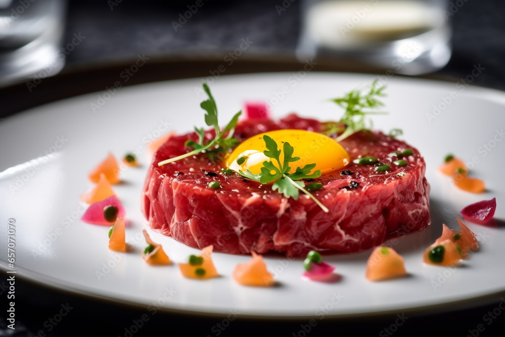 Beef tartare with egg yolk on a dark background