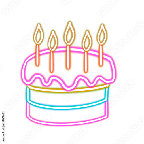  birthday cake with candles glowing desktop icon, cake neon sticker, neon figure, glowing figure, neon geometrical figures 