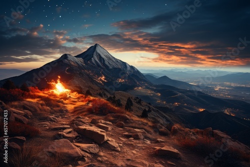 Mountain summit under a sky ablaze with stars, Generative AI