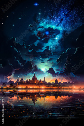 night sky with many stars over dream scenery fantasy cityscape © yin foo Tan