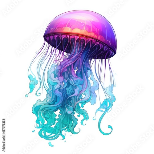 Luminous jellyfish swim in the deep ocean