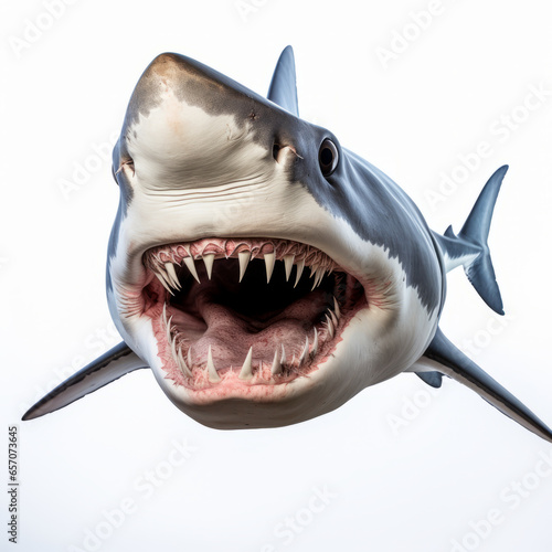 White shark with open jaws closeup. Shark predator  isolated on white background.