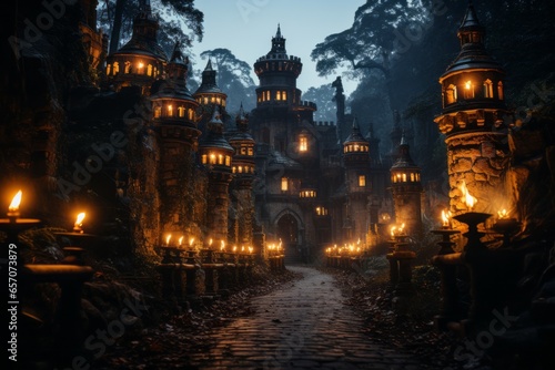 Medieval castle lit by torches, Generative AI