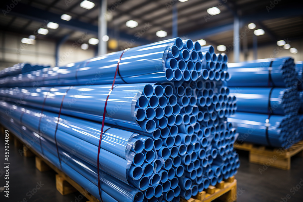 blue plastic PVC pipes stacked in a warehouse, PVC water pipes used in construction - obrazy, fototapety, plakaty 
