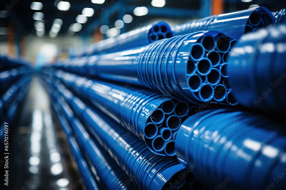 blue plastic PVC pipes stacked in a warehouse, PVC water pipes used in