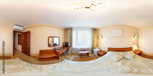 seamless 360 panorama in interior of bedroom of cheap hotel,  flat or apartments with chairs and table in equirectangular projection with zenith and nadir. VR AR content