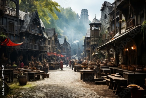 Medieval marketplace with merchants and stalls, Generative AI