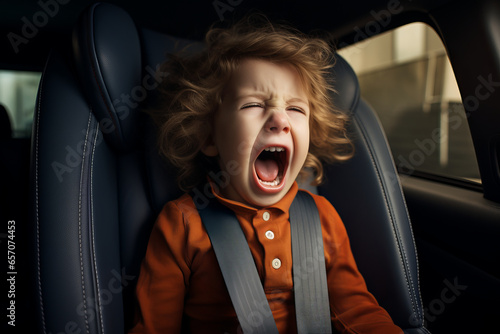 Toddler having a temper tantrum while sitting in a car seat. Angry child screaming and crying in a vehicle. Travelling with small kids. Going by car with children.