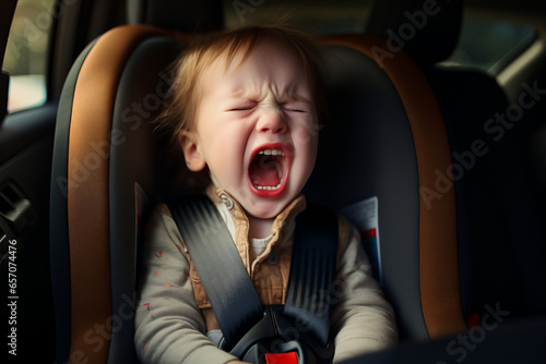 Toddler having a temper tantrum while sitting in a car seat. Angry child screaming and crying in a vehicle. Travelling with small kids. Going by car with children.