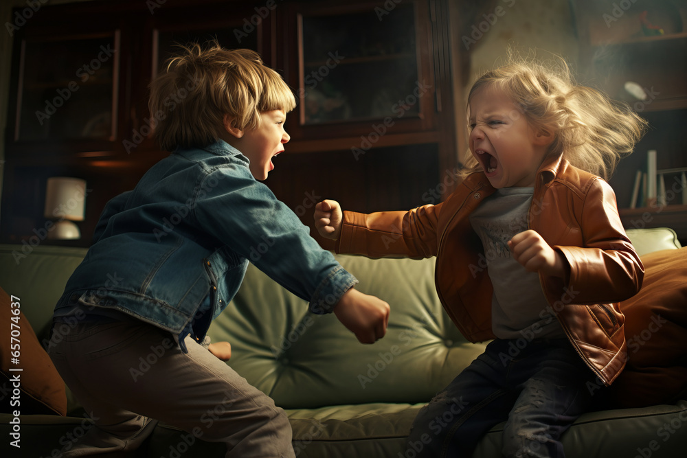 Two little children having fight at home Kids fighting and screaming