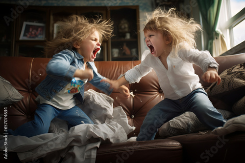 Two little children having fight at home. Kids fighting and screaming at each other. Siblings quarrel. Kids bad behavior. photo