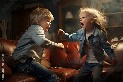 Two little children having fight at home. Kids fighting and screaming at each other. Siblings quarrel. Kids bad behavior. photo