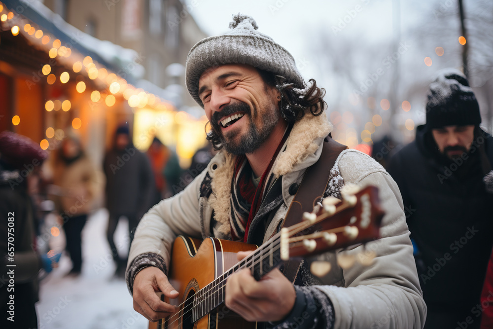 Cheerful street musicians performing in city park on snowy winter day. Performer playing a guitar. People gathering in the background. - obrazy, fototapety, plakaty 