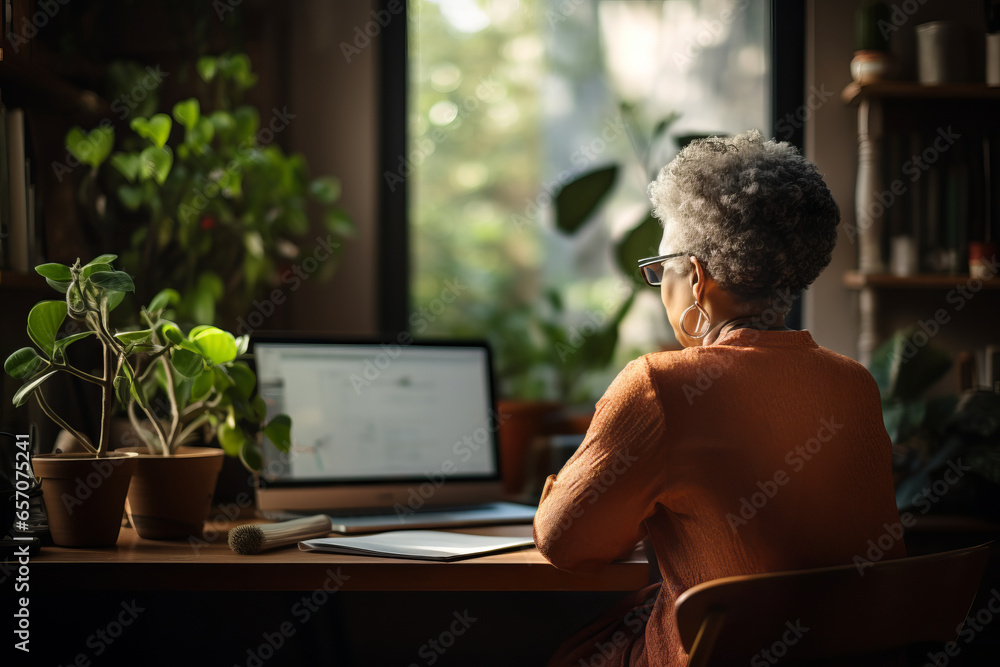 Back view of a senior lady using her laptop at home. Elderly woman working on her computer by the window in living room. - obrazy, fototapety, plakaty 